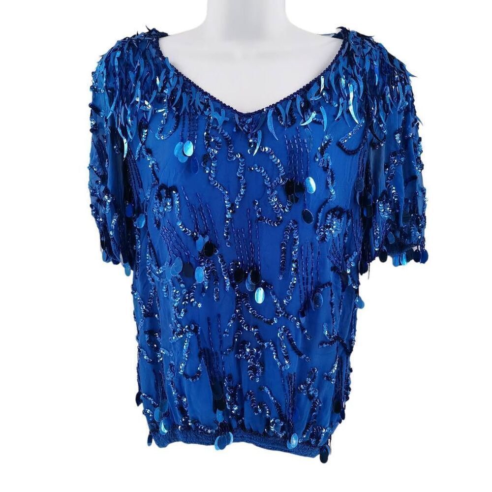 Vintage Oleg Cassini Royal Blue Beaded and Sequined Top | Tag Size Small